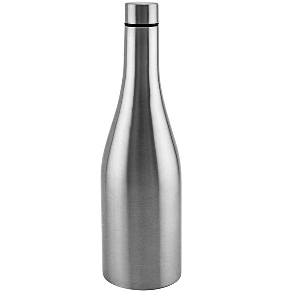 A silver stainless steel Franmara chardonnay wine bottle with black lid and handle.