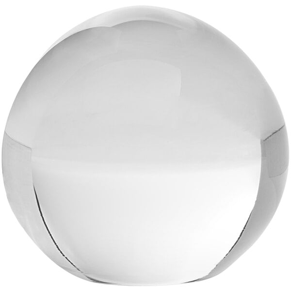 A clear glass ball stopper with a white background.
