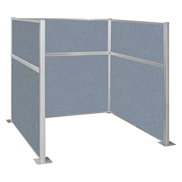 A Versare cubicle with a blue fabric panel and white frame.