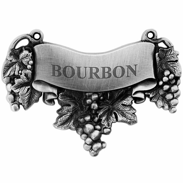 A metal plaque with the word "Bourbon" engraved on it.
