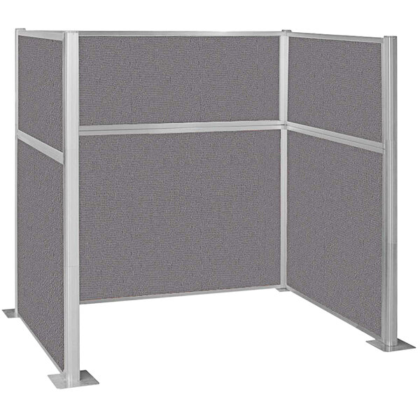 A Versare slate grey U-shaped cubicle with silver metal posts.