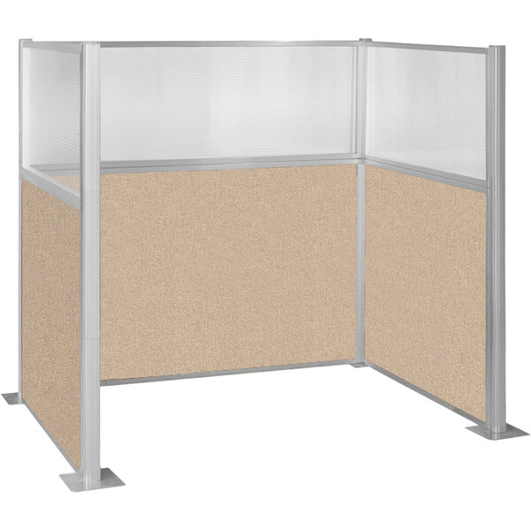 A beige cubicle with a glass window.