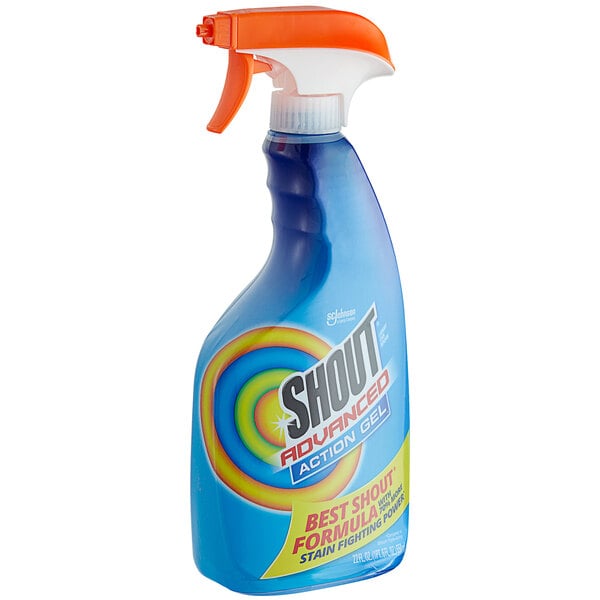 A blue SC Johnson Shout spray bottle with orange and rainbow accents.