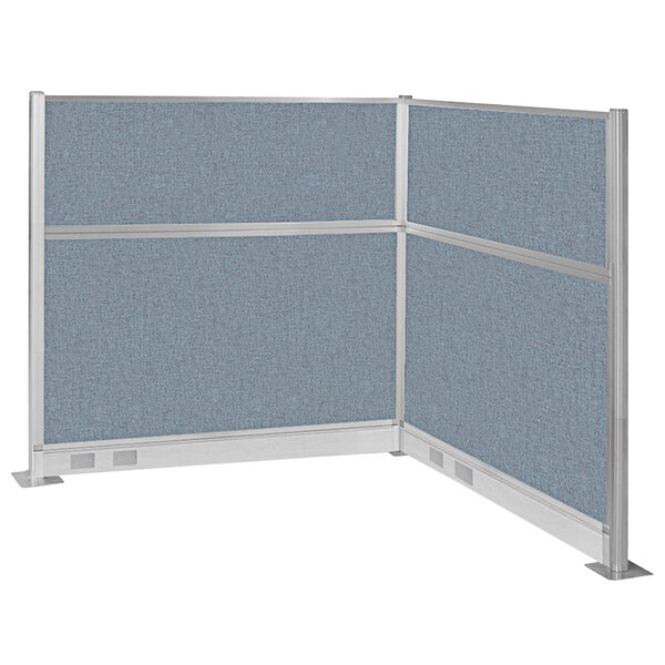 A Versare Hush Panel L-Shape cubicle with blue and gray partitions and metal frame.