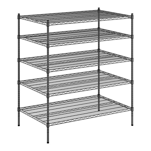 A black metal Regency storage rack with four shelves.