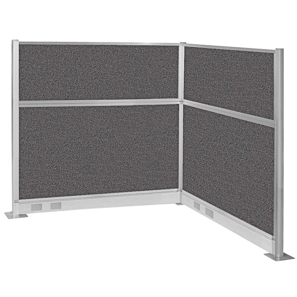 A Versare charcoal gray cubicle panel with a metal frame.