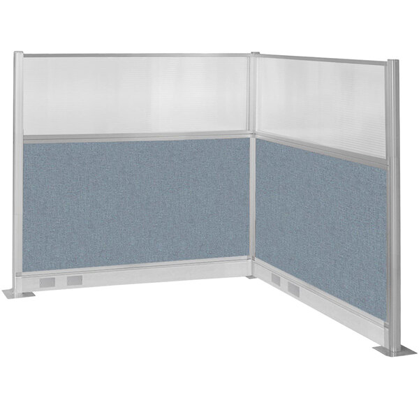 An L-shaped blue Versare Hush Panel cubicle with a window.