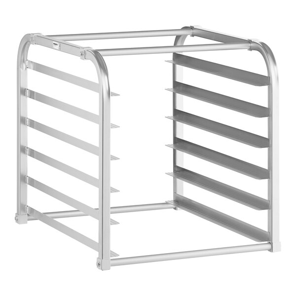 A metal rack with six horizontal slots on each side, designed to hold trays or pans.