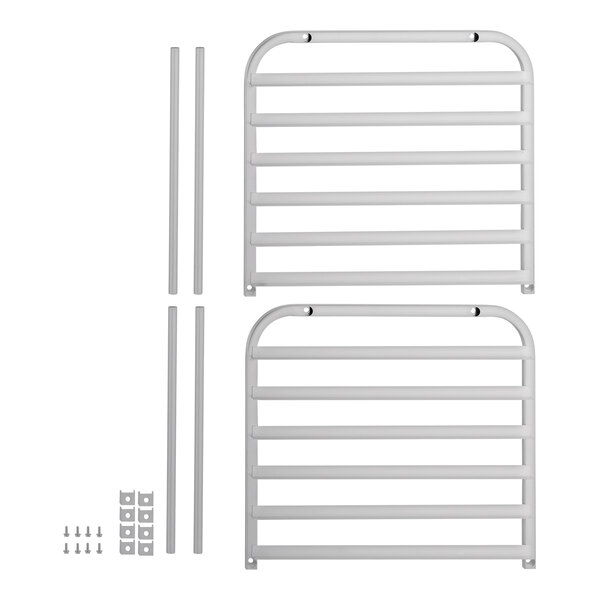 Two rectangular metal frames with horizontal bars, four straight metal rods, small metal brackets, and screws are arranged on a white background, appearing as unassembled rack components.