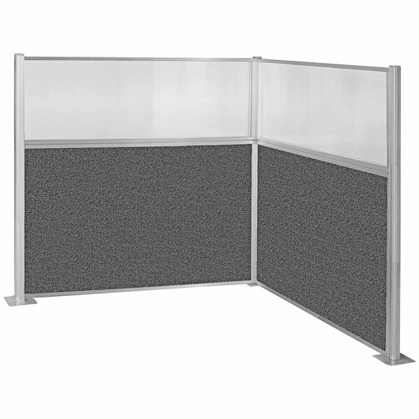 A grey Versare Hush Panel L-shape cubicle with a window.