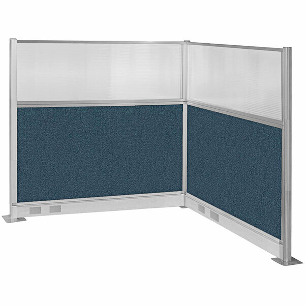A blue and silver Versare Hush Panel L-shaped cubicle with a window.
