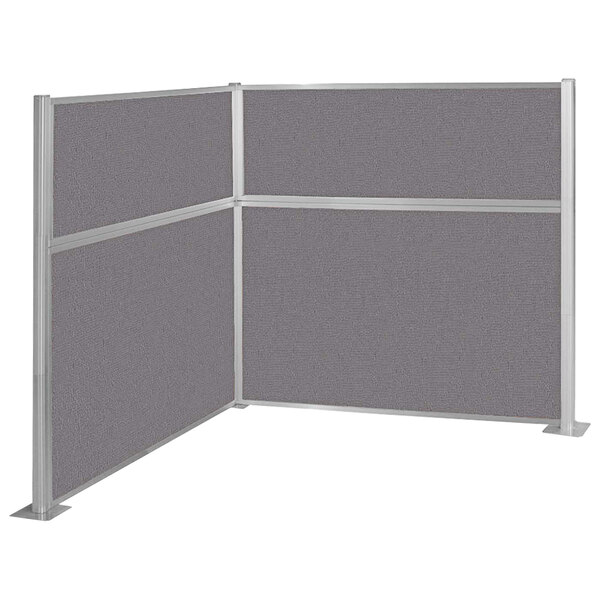 A grey cubicle screen with silver metal corners.