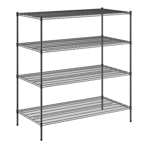 A black wire shelving unit with four shelves by Regency.
