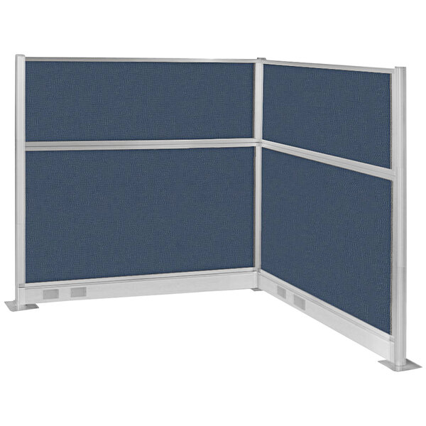 A blue and silver Versare Hush Panel L-shape cubicle wall.