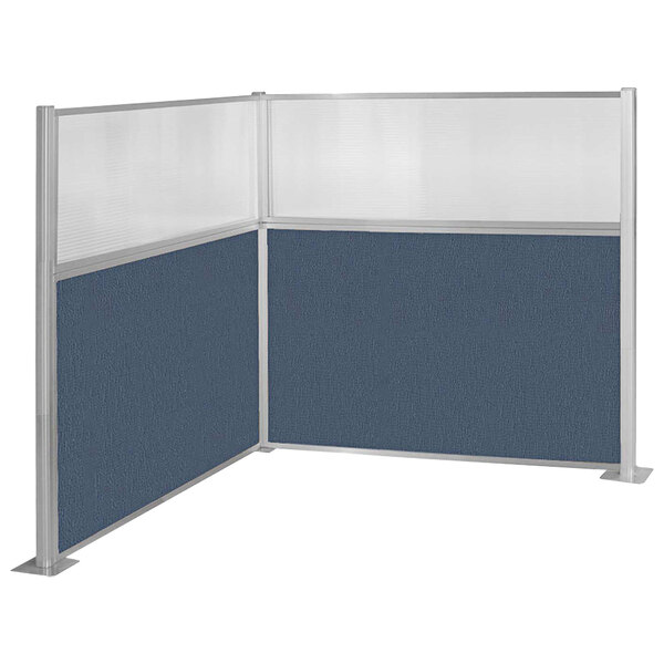A blue and white cubicle wall with blue fabric.