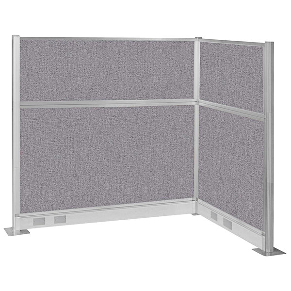 A Versare Hush Panel grey L-shape cubicle with silver metal legs.