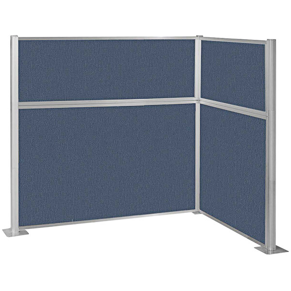 A blue Versare Hush Panel L-shaped cubicle with silver corners.