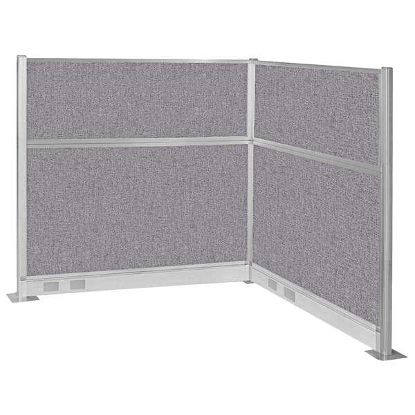 A Versare Hush Panel L-shaped cubicle wall in cloud gray with metal framing.