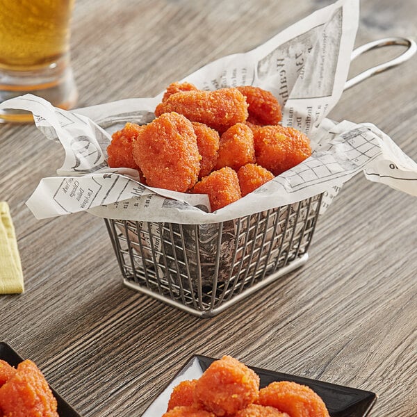 A basket of Fred's Breaded Nashville Hot Cheese Curds on a table.