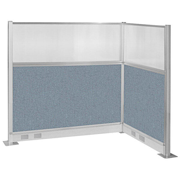 A Versare Hush Panel L-shape cubicle with blue fabric.