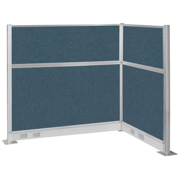 A blue Versare office cubicle with silver corners.