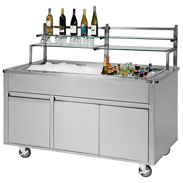A Lakeside stainless steel portable back bar with bottles on ice in a glass door.