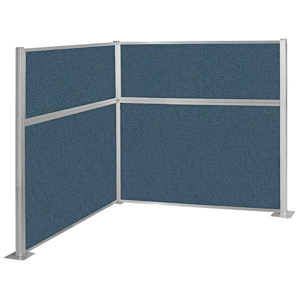 A blue fabric Versare cubicle panel with silver metal corners in an L-shape.