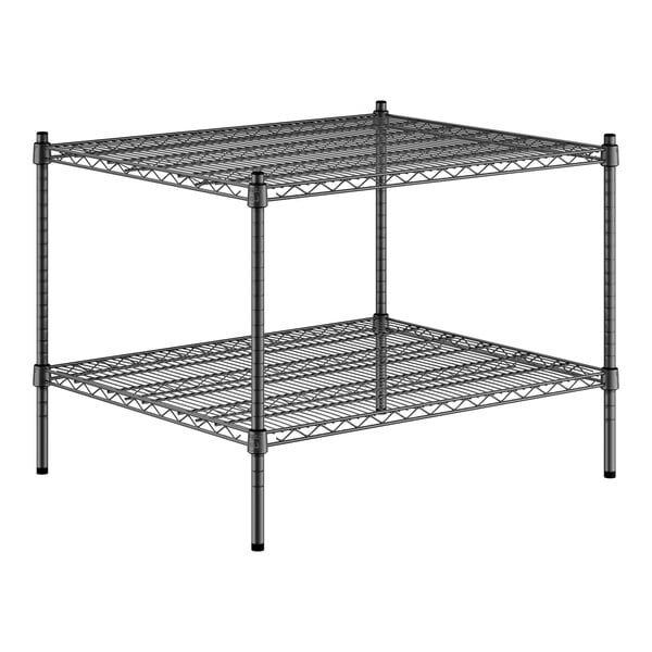 A Regency black metal wire shelving unit with two shelves.