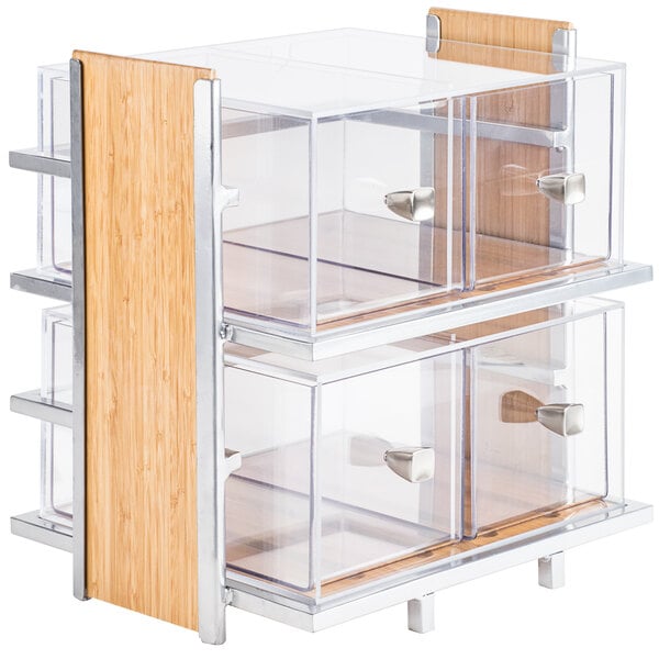 A clear glass and wood two tier bread display case.