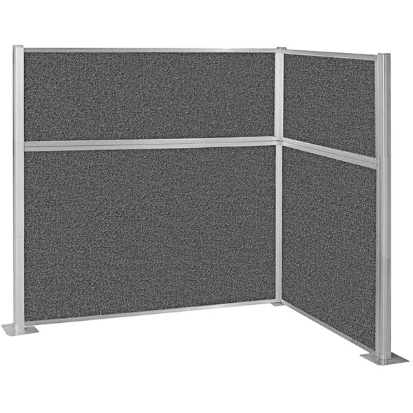 A charcoal gray L-shaped cubicle screen with silver metal corners.