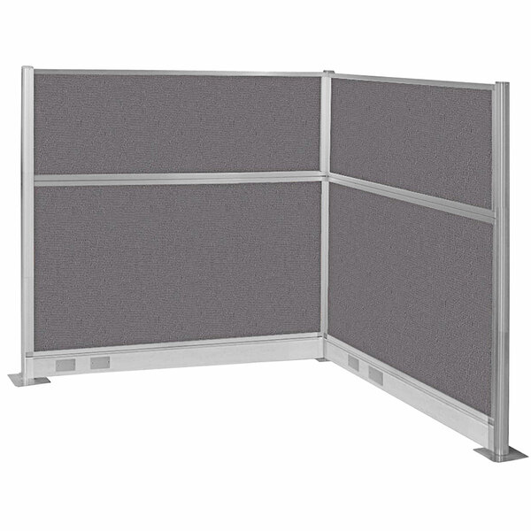 A grey Versare Hush Panel L-shape cubicle partition with silver metal corners.