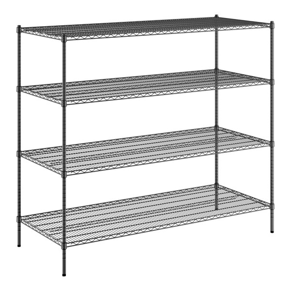 A Regency black wire shelving unit with four shelves.