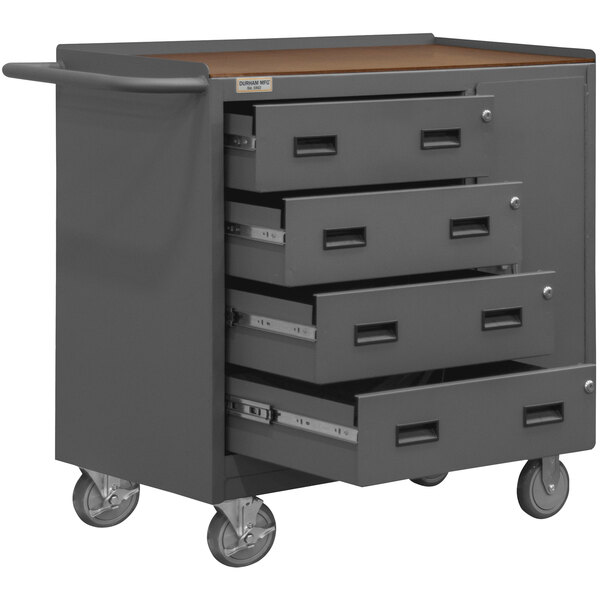 A gray metal mobile workstation with drawers.