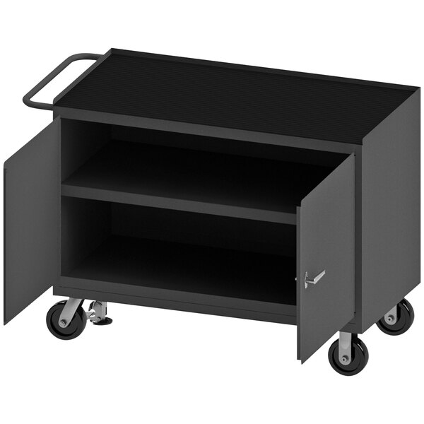 A black mobile workstation cart with 2 doors and a rubber top.