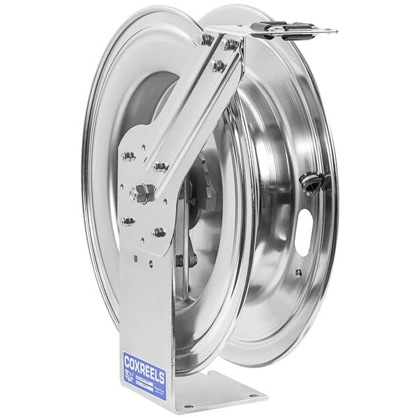 A close-up of a stainless steel Coxreels hose reel wheel.