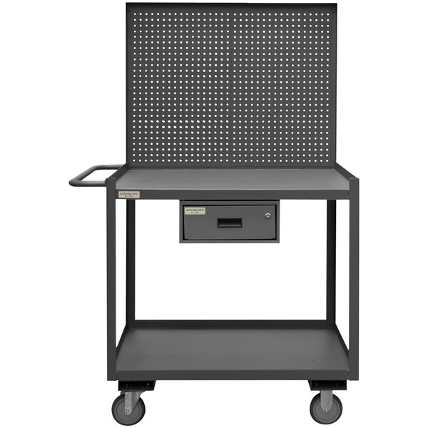 A black metal mobile workstation with a drawer on wheels.