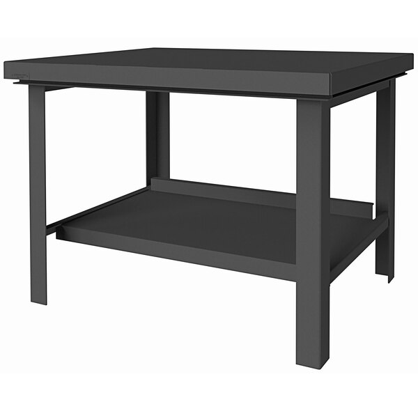 A black Durham Mfg steel workbench table with a shelf.