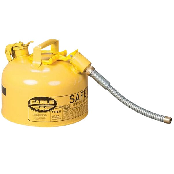 A yellow Eagle Manufacturing safety can with a metal hose attached.