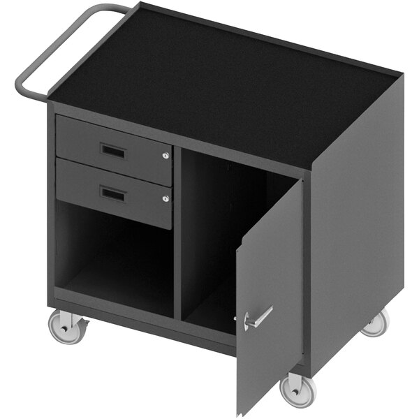 A black Durham mobile workstation with one door and two drawers open.