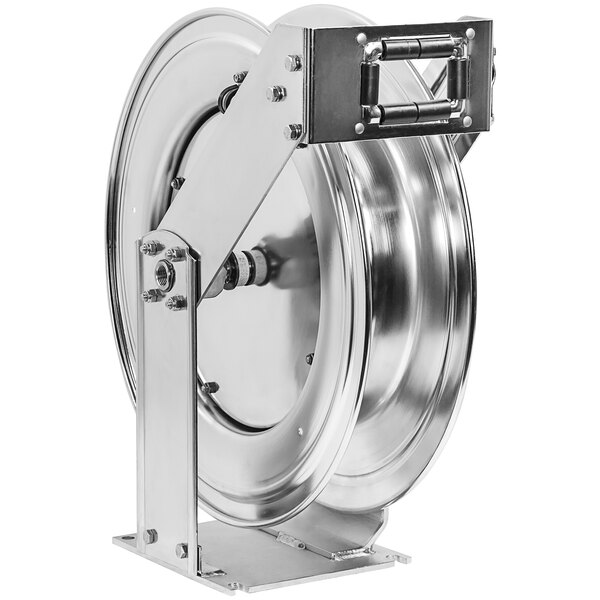 A stainless steel Coxreels truck mount hose reel with a metal wheel.