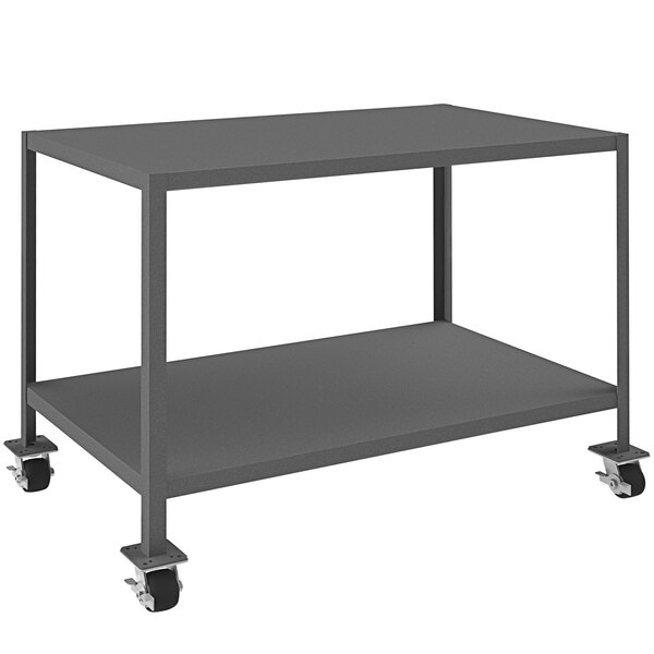 A grey metal Durham Machine Table with wheels.