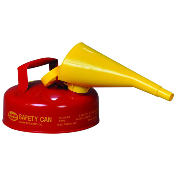 A red and yellow Eagle Manufacturing safety can with a yellow funnel.