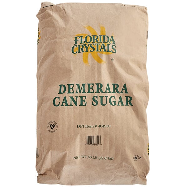 A brown Florida Crystals bag of Demerara cane sugar with green text.