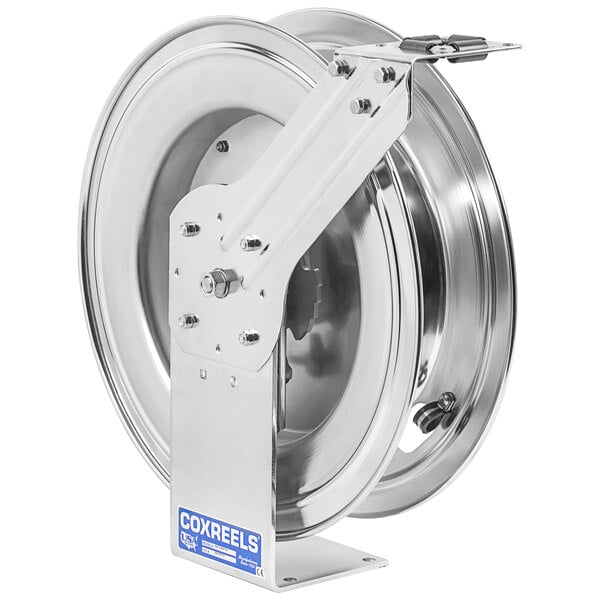 A stainless steel Coxreels hose reel with a metal handle and a screw on the side.