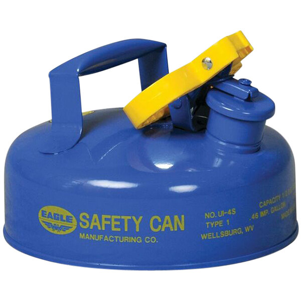 An Eagle Manufacturing blue steel kerosene safety can with yellow accents.