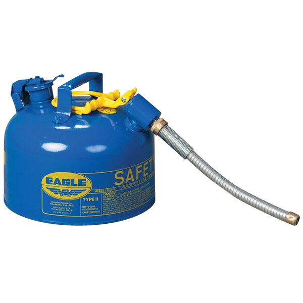 A blue Eagle Manufacturing safety can with a metal hose attached.