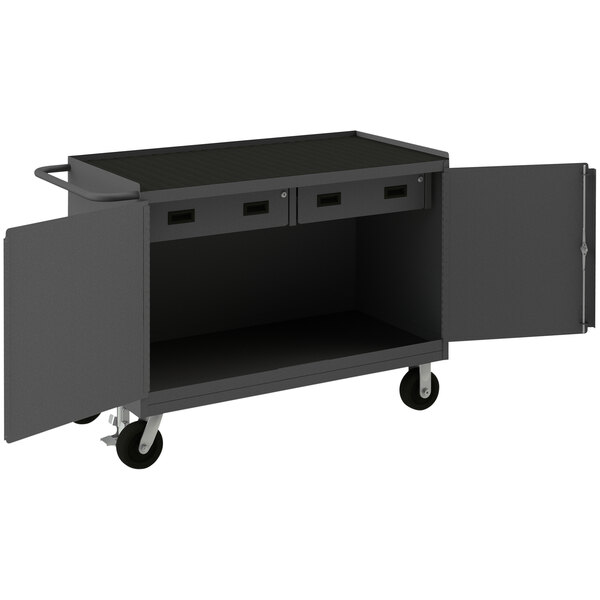 A black mobile workstation cart with two doors.