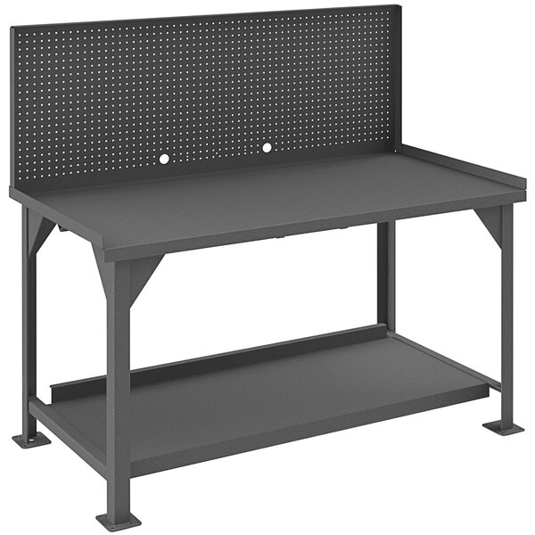 A black metal workbench with a perforated surface and two shelves.