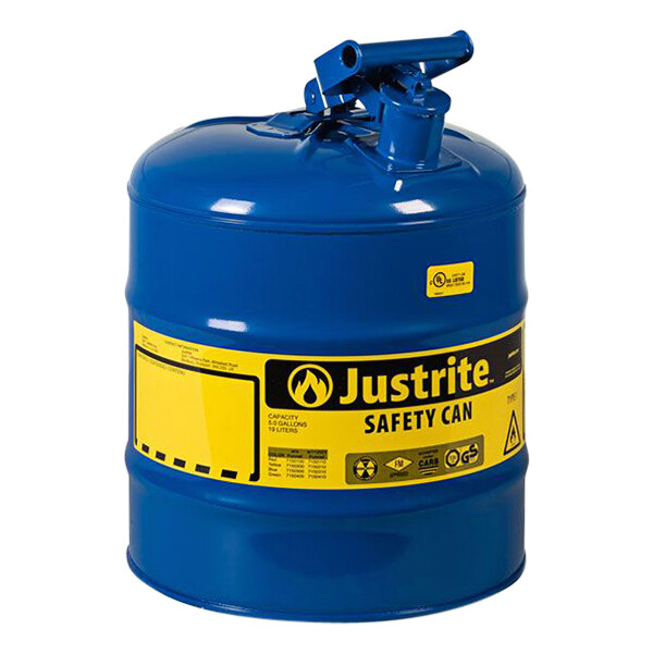 A blue steel Justrite safety can with yellow label.