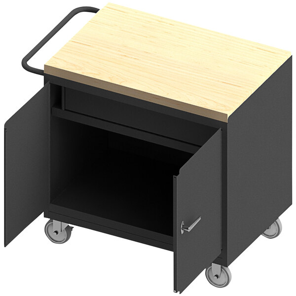 A black and wooden cart with a wooden top and cabinet with a drawer.